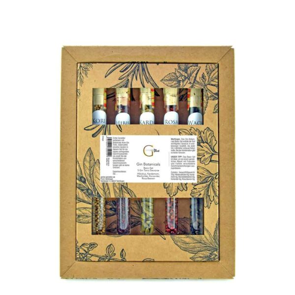 Genial Genießen Gin Botanicals Basic Set. 5 Gin Tonic Gewürze Hibiskus, Kardamom, Wacholder, Koriander, Rosa Beeren. In hochwertiger Geschenkverpackung. Außenansicht.