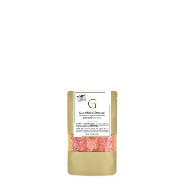Genial Genießen Superfood Streusel. Ein Superfood-Geschmackserlebnis mit hochwertigen Blütenpollen, gefriergetrockneten Früchten, Schokolade & Tonka. Kleine Packung.