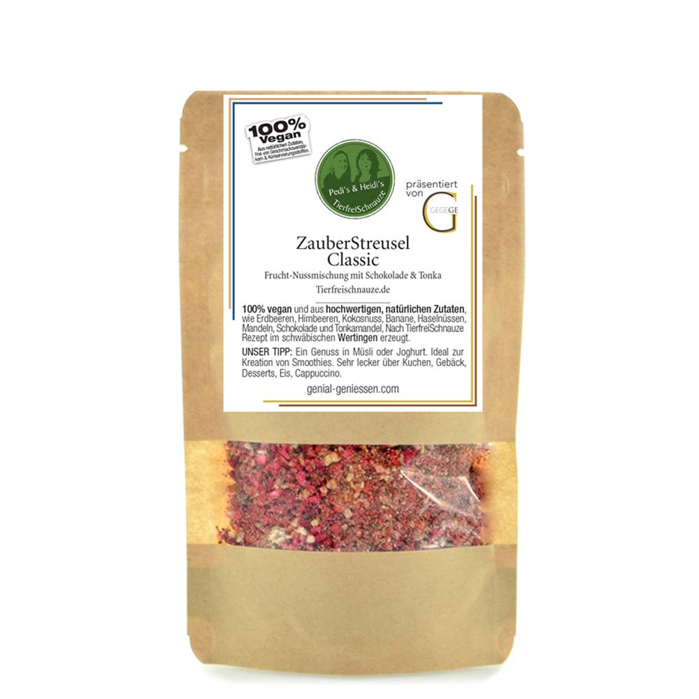Genial Genießen Zauberstreusel nach dem Rezept von Tierfreischnauze. Dein buntes fruchtig-nussiges Geschmackserlebnis mit Schokolade und Tonka. Große Packung.