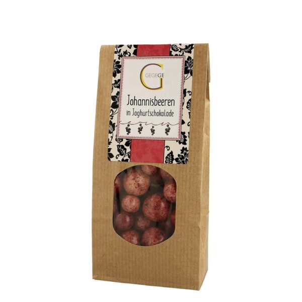 Genial Genießen Johannisbeeren in Joghurtschokolade verpackt in nachhaltiger Kraftpapiertüte