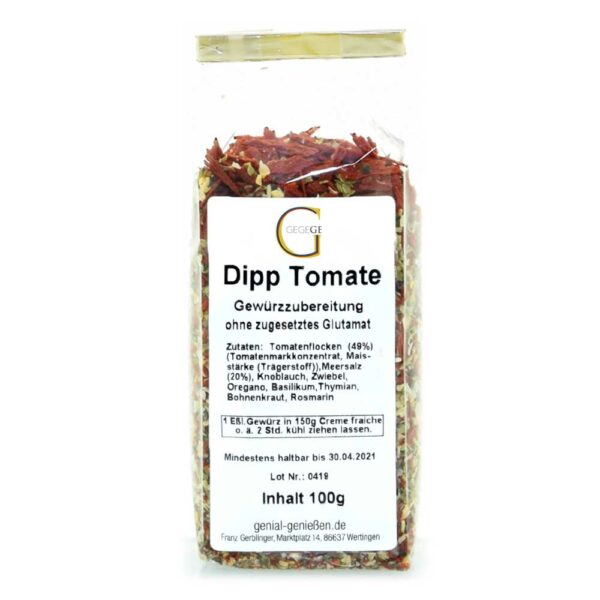 Genial Genießen Dip Tomate ideal zum Dippen von Fingerfood als Beilage zum Grillen - verpackt in Cellophantüte - große Ansicht