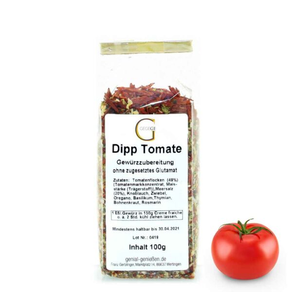 Genial Genießen Dip Tomate ideal zum Dippen von Fingerfood als Beilage zum Grillen - verpackt in Cellophantüte - große Ansicht